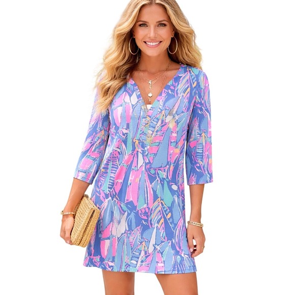Lilly Pulitzer Dresses & Skirts - Lilly Pulitzer Large Dress Blue Pink Shift Above Knee Mini V Neck Cotton 429